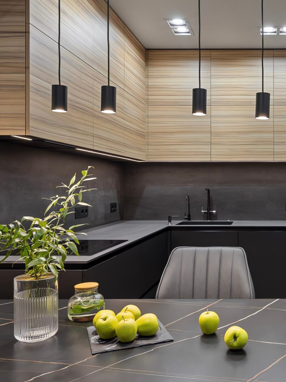 Dunkle Mattküche Torino — L-Form Gesamtansicht mit Pendelleuchten