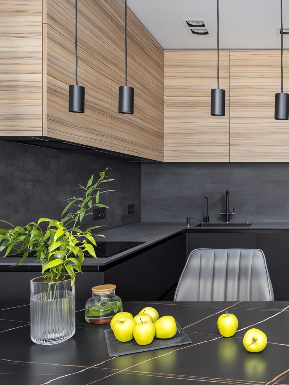 Küche „Torino" — Dunkle Mattküche mit Zebrano-Holz & Glasvitrine