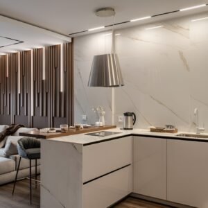 Weiße Hochglanzküche Milano — Bartresen Nahaufnahme mit Massivholzplatte