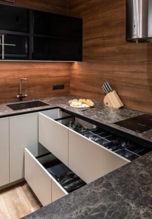 Compact Walnut Kitchen Hamburg — Deep drawer with organizer insert