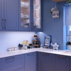 Blaue Rahmenfront-Küche Stockholm — Unterbauspüle mit Holz-Schneidebrett